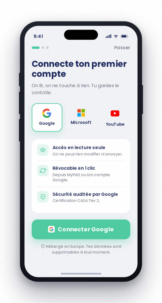 Écran de connexion MyPaD aux comptes Google, Microsoft et Meta en lecture seule
