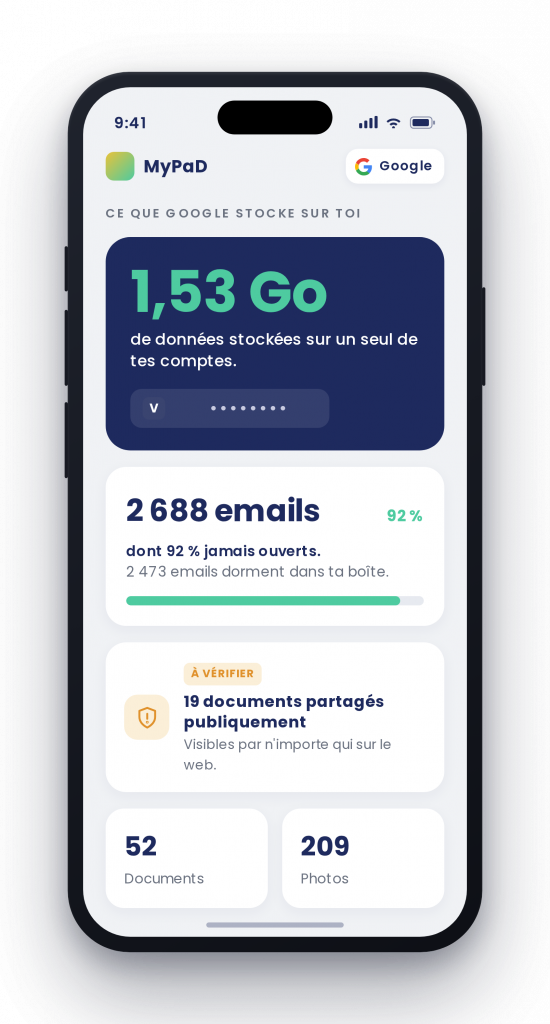 MyPaD révélant les données personnelles stockées et les accès encore actifs d'un compte