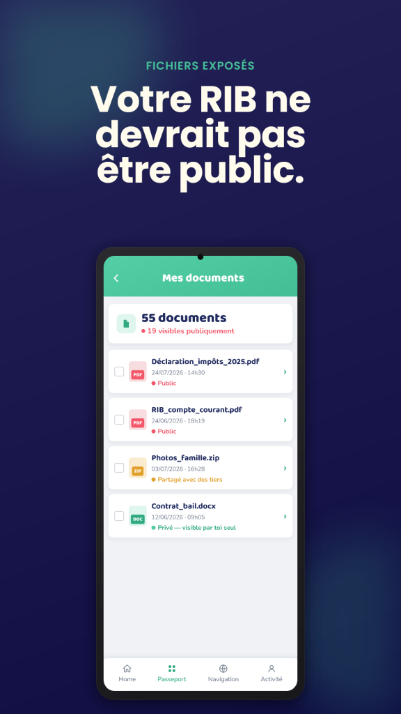 MyPaD audite vos fichiers partagés publiquement, comme un RIB exposé