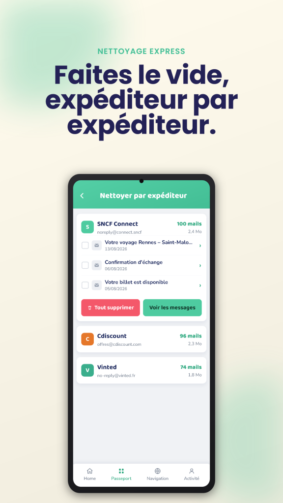 MyPaD supprime vos emails par expéditeur en un geste